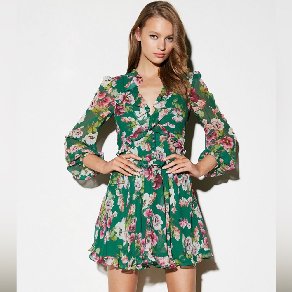 BARDOT Bambi Long Sleeve Floral Green Mini Dress. Size M